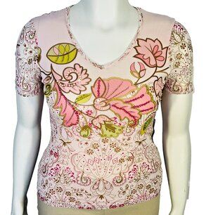 Olsen Tee Shirt Blouse Womens M Pink Yellow Beaded Mesh Floral Chintz